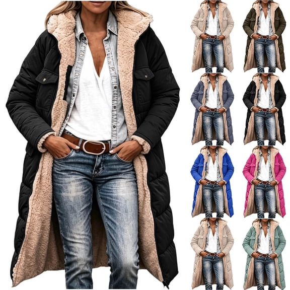 Dzrciro Long Winter Coats for Women, Fleece Lined Collared Full Zip Waterproof Hooded Trench Coat with Pockets, Thick Thermal Versatile Windbreaker Puffer Jackets S-5XL