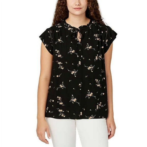 Buffalo Women Size X-Large Flutter Sleeve Blouse Top, Black Ditsy Bouquet