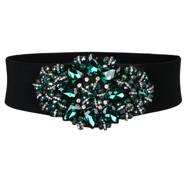 Cinturón elástico ancho para mujer con tachuelas y diamantes de imitación Verde
