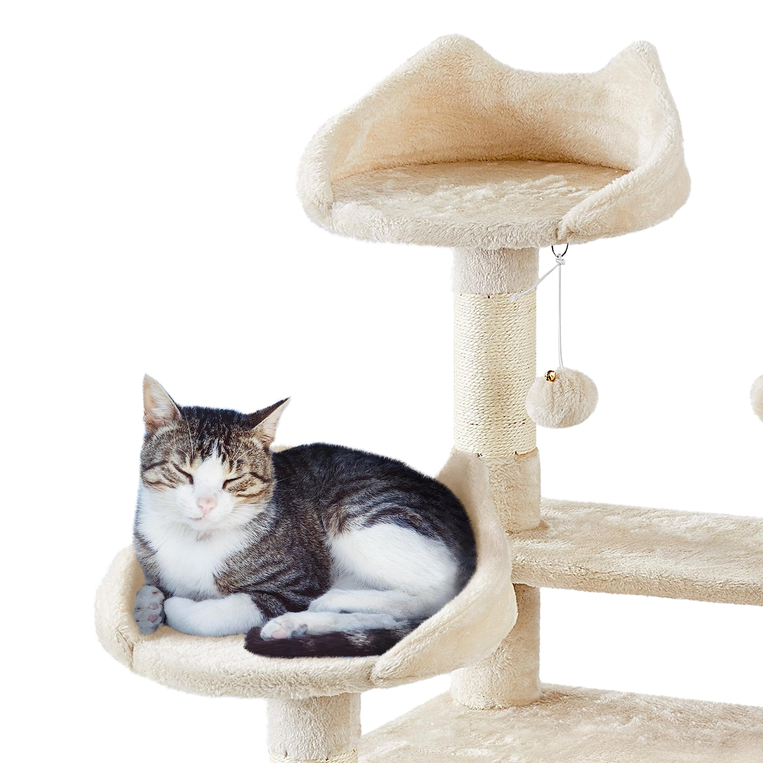 Cat Tree for Indoor Cats, 67 Inch Tall Cat Tower with Scratching Posts, Multi-Level Cat Condo with Removable Fur Ball Toys, Cozy Perch, Soft Hammock, Modern Cat Climbing Furniture, Beige