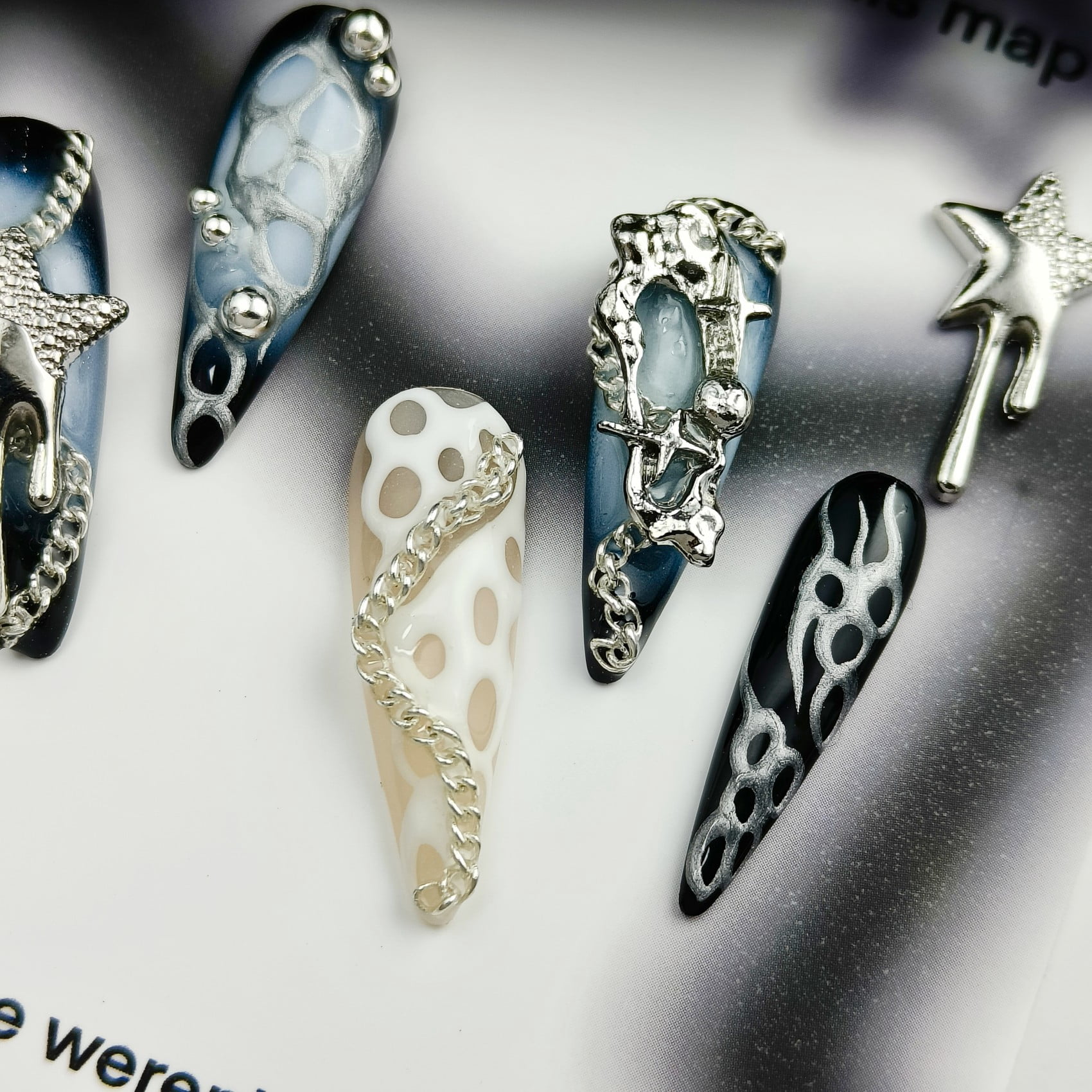 Handmade Press-On Nails with Silver Star and Chain 3D Accents
