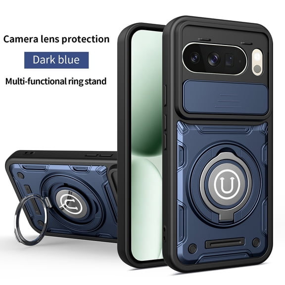 ELEHOLD Shockproof Rugged Magnetic Ring Kickstand Protective Phone Case Sliding Lens Cover for Google Pixel 10 Pro XL,Dark Blue