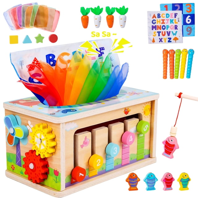 Caja de pañuelos de madera para bebés Toy Montessori, 6 en 1, Sensory, de 6 a 12 m