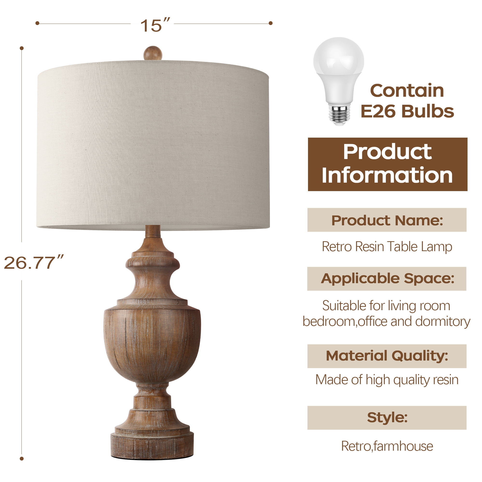 26.8" Large Brown Resin Table Lamp, Farmhouse Bedside Lamp Trophy Shaped End Lamp with Linen Shade 9W LED Bulb for Living Room Study
