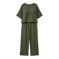 thumbnail image 4 of Purcolt Womens 2 Piece Cotton Linen Matching Set Comfort Casual Crew Neck Short Sleeve Tops Elastic Waisted Wide Leg Trousers Comfort Loose Fit Outfits Loungewear, 4 of 7