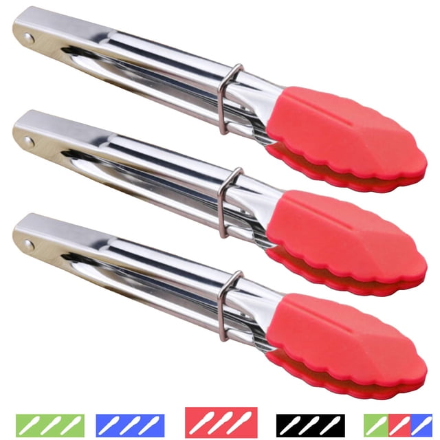 Pinzas pequeñas con puntas de silicona, pinzas de cocina de 7 pulgadas, juego de 3, ideales para servir alimentos, cocinar, ensaladas, asar a la parrilla y más (rojo) Ormromra SNFLD626