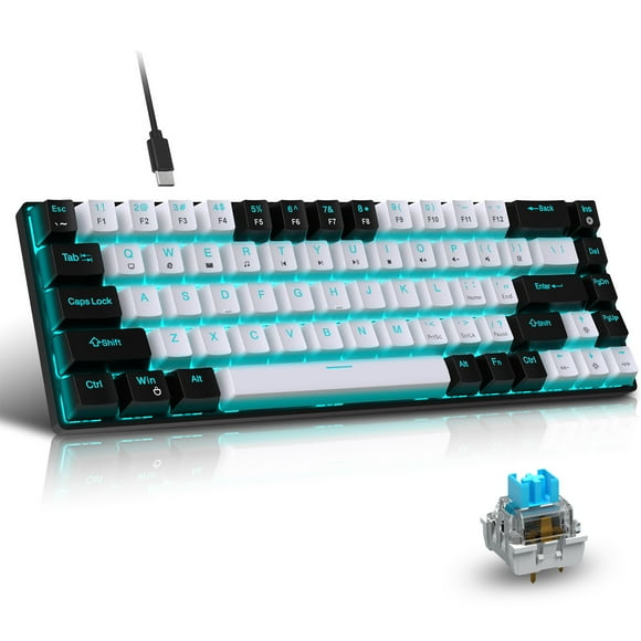 65% Mechanical Gaming Keyboard, 68 Keys Wired Mechanical Keyboard Ice Blue Backlight Double Color Gaming Keypad, Detachable USB Cable, Blue Shaft