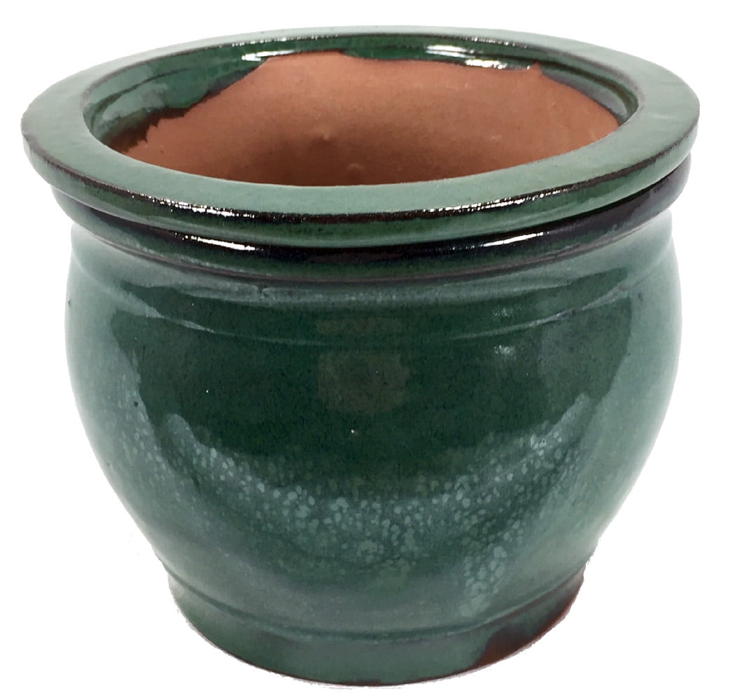 Round Self Watering Glazed Ceramic Pot Forest Green 8"