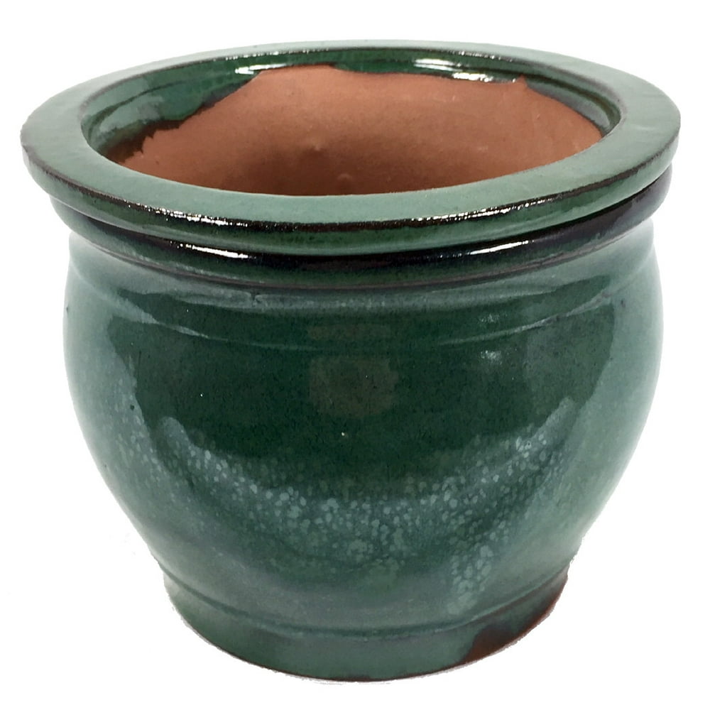 Round Self Watering Glazed Ceramic Pot Forest Green 8"