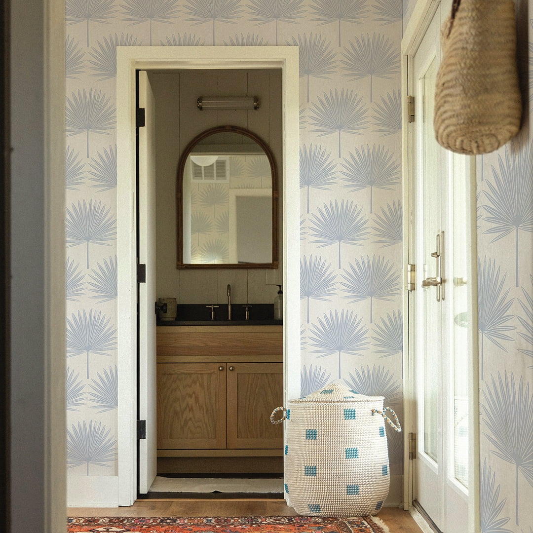 Stamped Palm Blue and Off-White Peel and Stick Wallpaper, 20.5" x 16.5'
