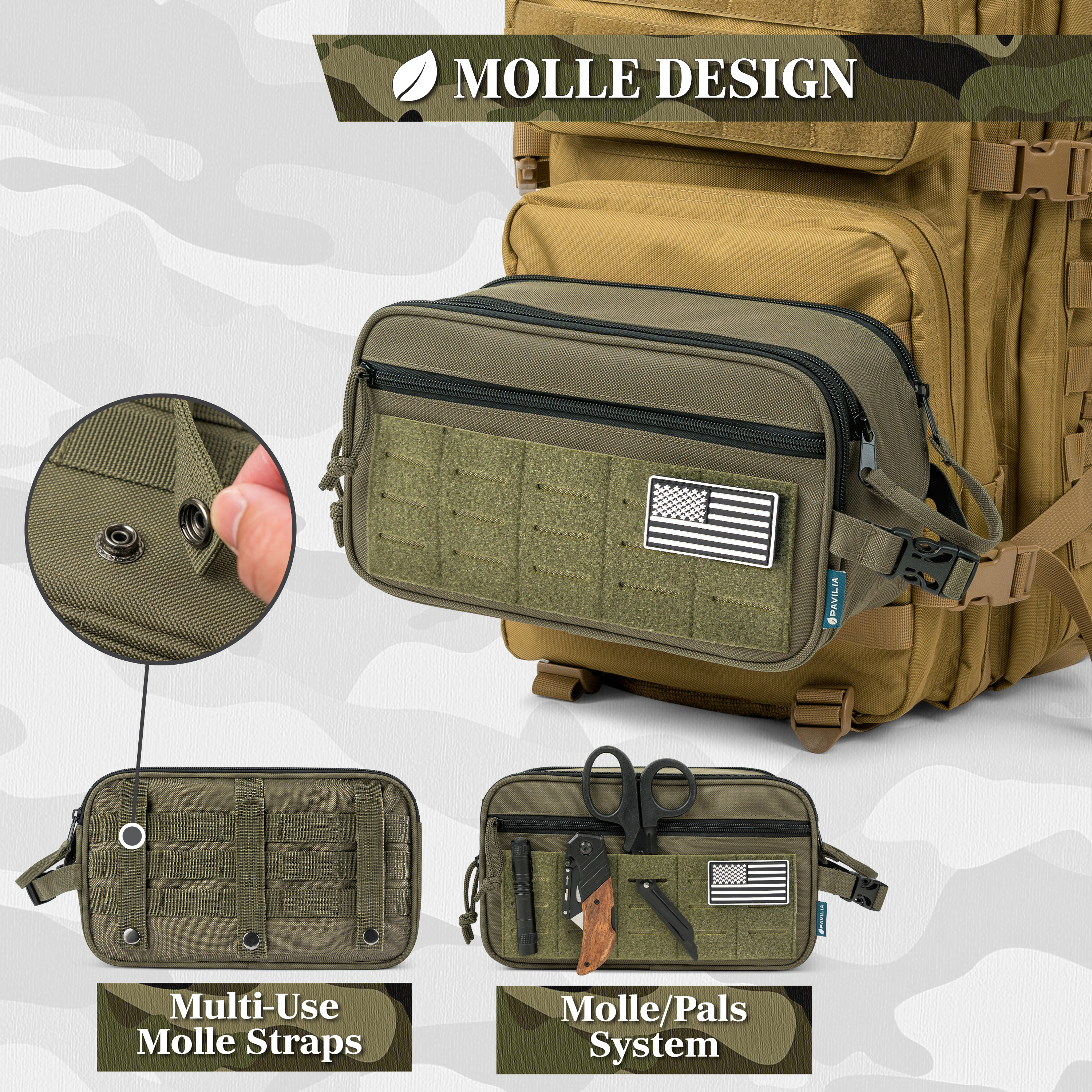 Pavilia Extra Large Tactical Toiletry Bag for Men, Hygiene Travel Bag, Military Dopp Kit, Water Resistant Molle Pouch, Mens Shaving Grooming Essentials, Bathroom Shower Small Organizer Case, Olive