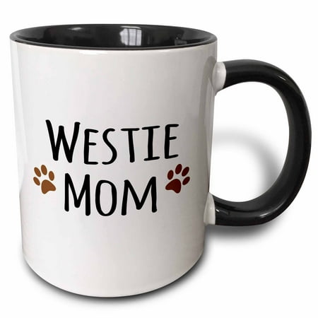 

3dRose Westie Dog Mom - West Highland White Terrier - Doggie by breed - doggy lover owner brown paw prints - Two Tone Black Mug 11-ounce