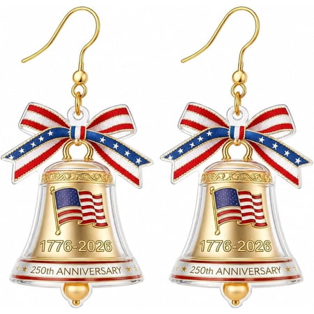 1776-2026 USA 250th Anniversary Bell Dangle Earrings, Red White Blue Bow Flag Patriotic Drop Jewelry for 4th of July Holiday Outfits