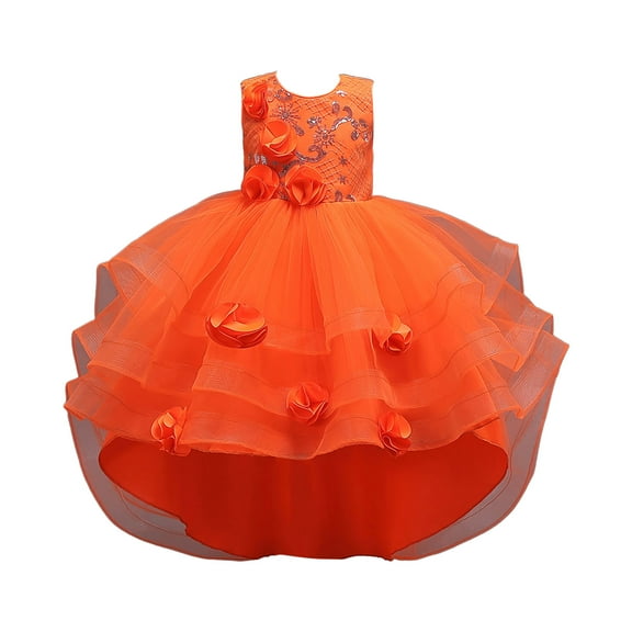 Kogui Dresses for Girls Christmas Tulle Flower Girl Dress for Wedding Floral Pageant Dress with Train Princess Ball Gown for Girls Size 9-10(Orange,9-10 Years)