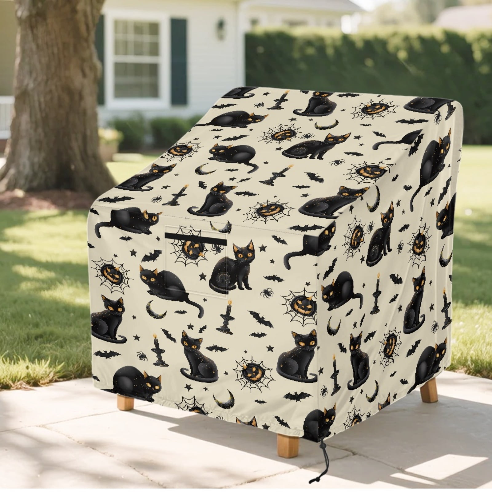 Renewold Outdoor Chair Covers Waterproof Adirondack Chair Covers Weather-Proof Lawn Patio Furniture Protection for Patio Deck Porch Halloween Decor, 32"x35"x36", Black Cat Pumpkin Bat Beige