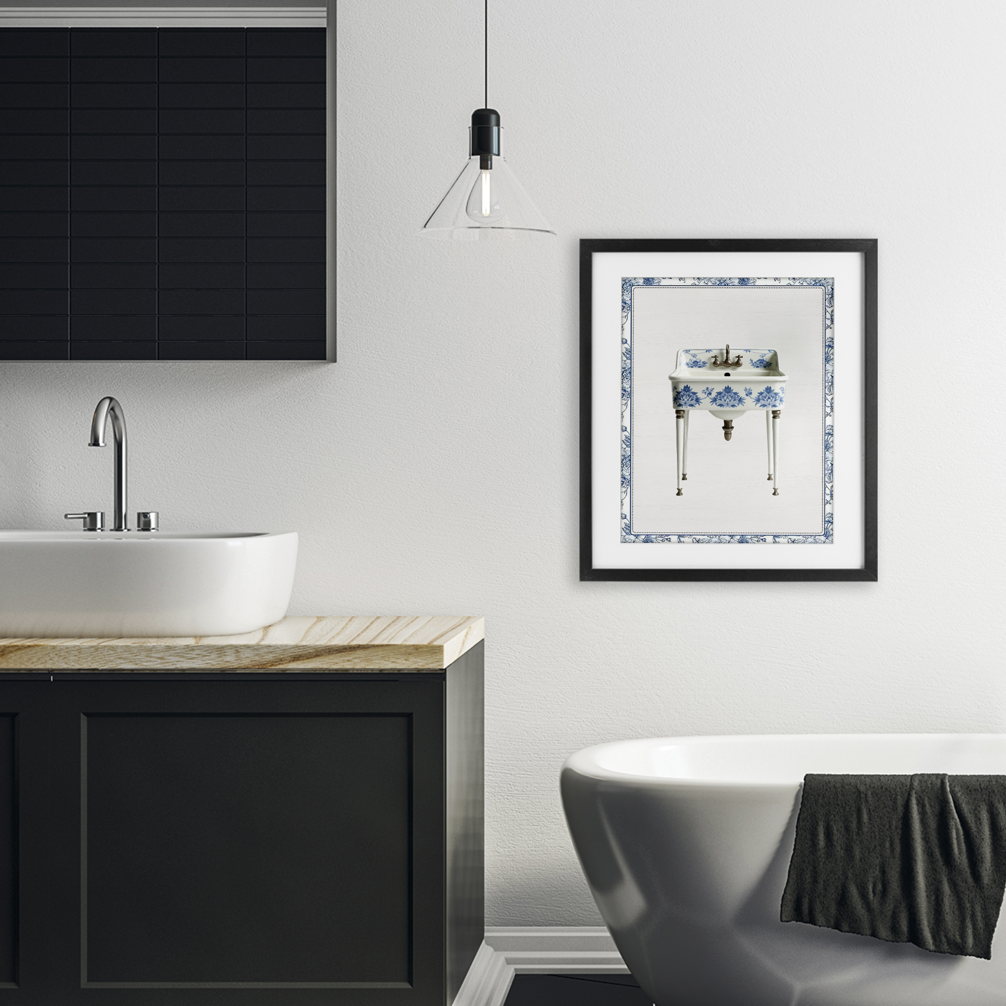 Vintage Chinoiserie Sink Black Framed Print Under Glass, design by Lettered and Lined