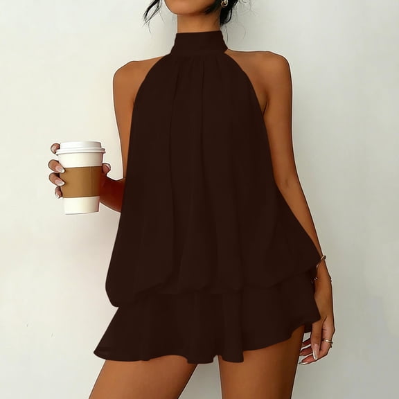 Xdegoge Cocktail Dresses for Women Flowy Fit Halter Neck Party Dress Sleeveless Mini Dress Tiered Ruffle Hem Solid Color Summer Club Evening Night