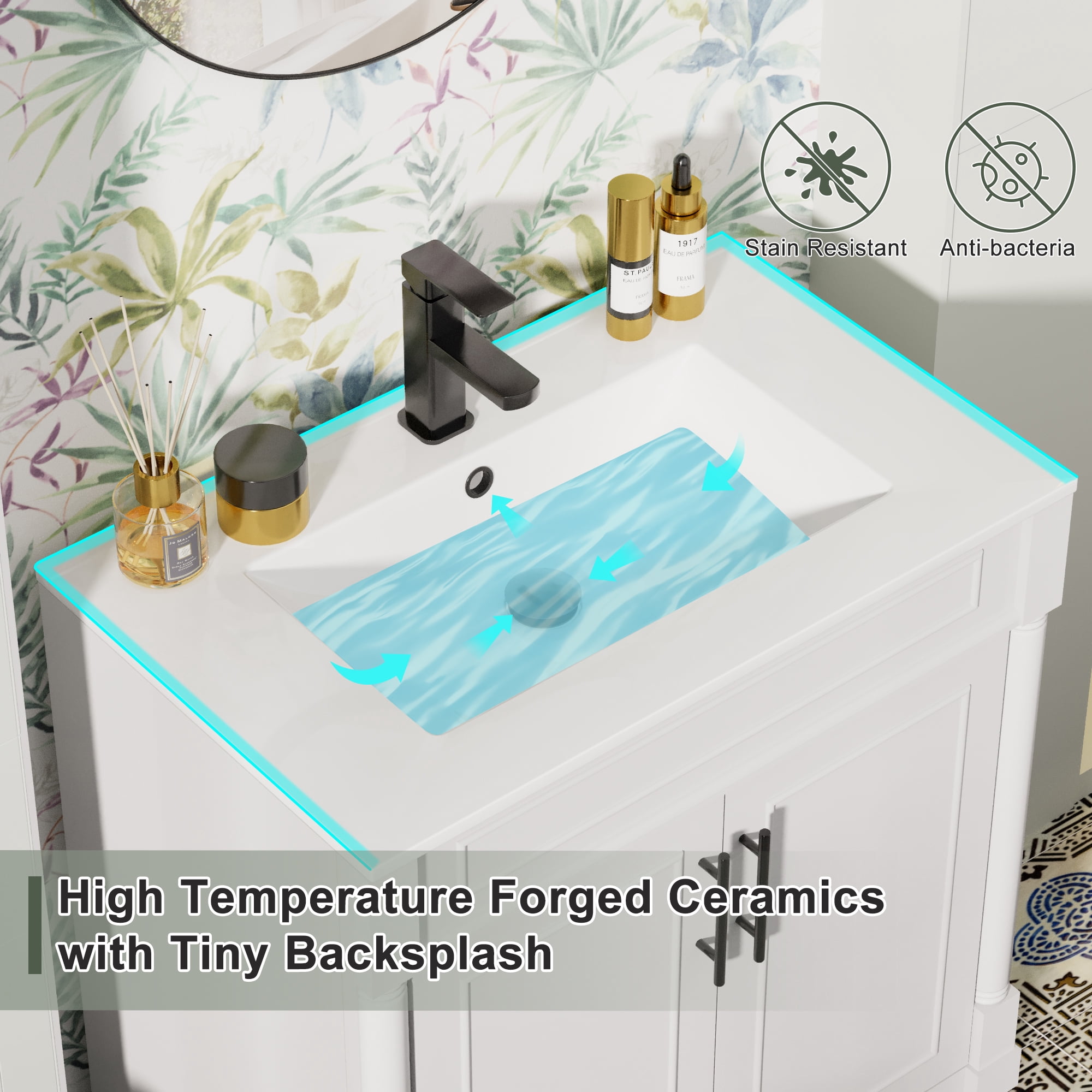 30" Freestanding Bathroom Vanity with Ceramic Sink Top, Faucet, Classic Tapered legs