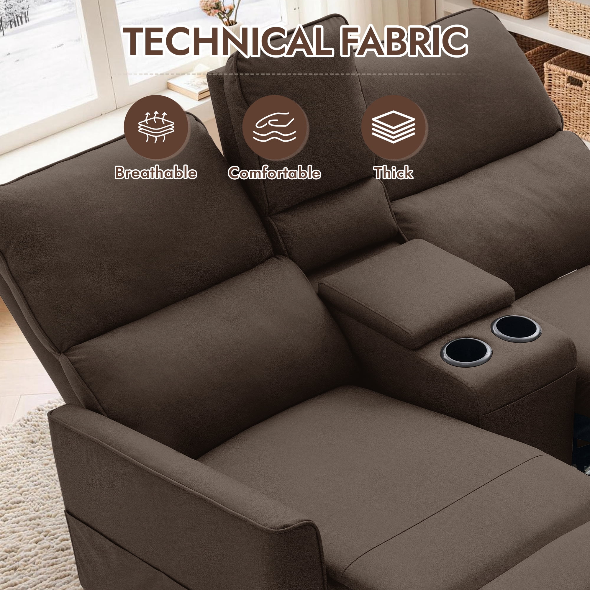 Korser 2-Seater Recliner Sofa with Pillow,Double Recliner Loveseat with Storage Console, Side Pockets, Cup Holders Manual Recliner Sofa for Living Room,Dark Brown
