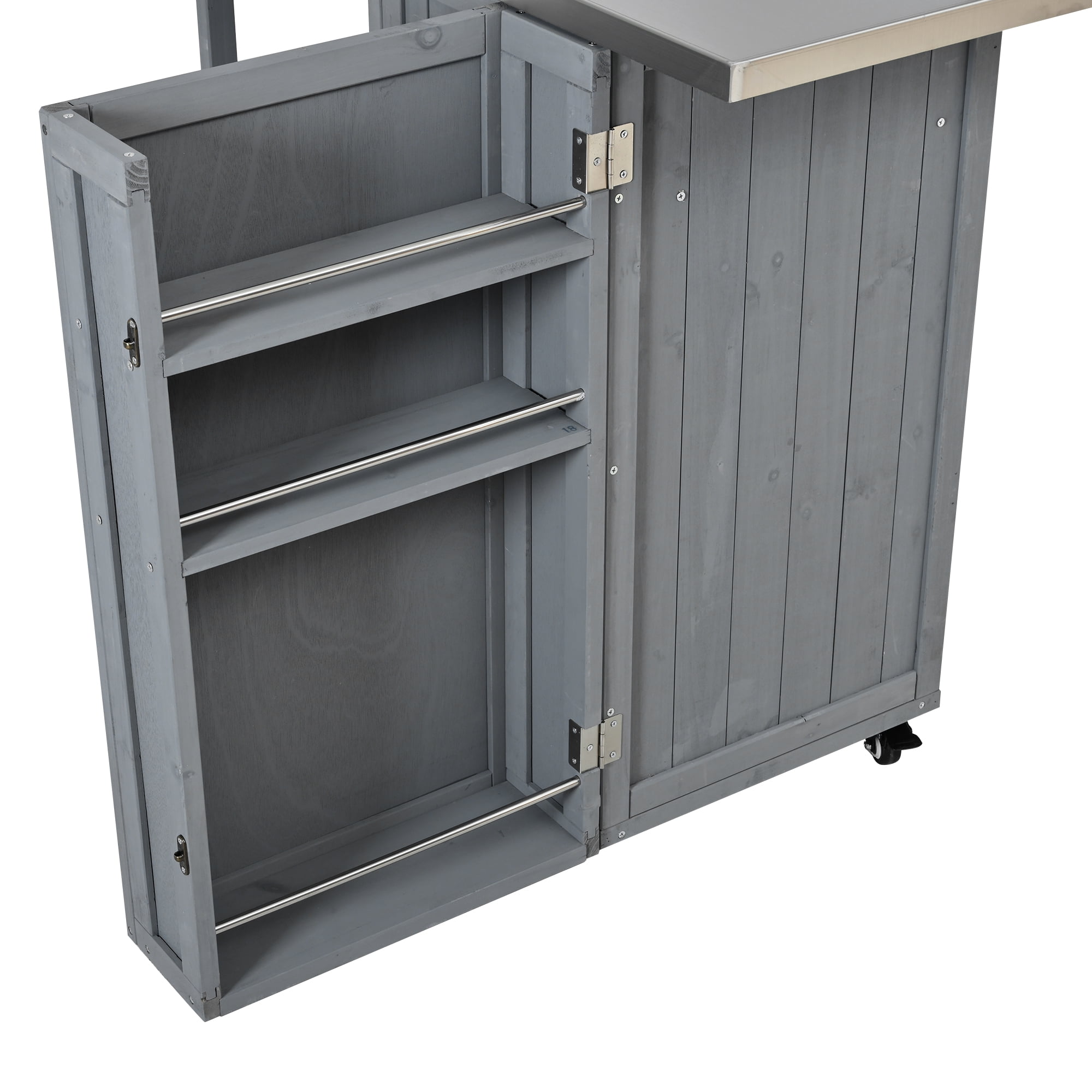 Outdoor Kitchen Island with Stainless Steel Top, Fir Wood Prep Station, Lockable Kitchen Cart with Storage Cabinet for Patio, BBQ, Grey