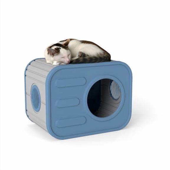 PawsomePad Outdoor Cat House, Weatherproof Resin Cat Shelter with Camera-Shaped Design for Bedroom, Yard, Patio, Blue