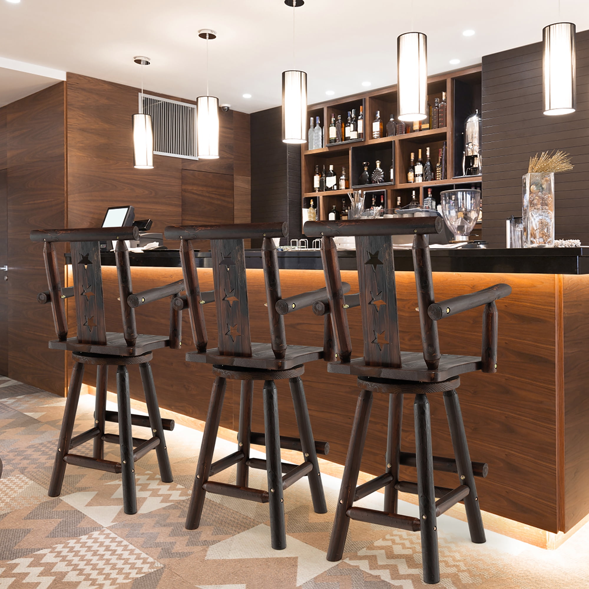 Costway Set of 2 Wooden Bar Stools Swivel Bar Height Kitchen Patio Chairs with Armrest