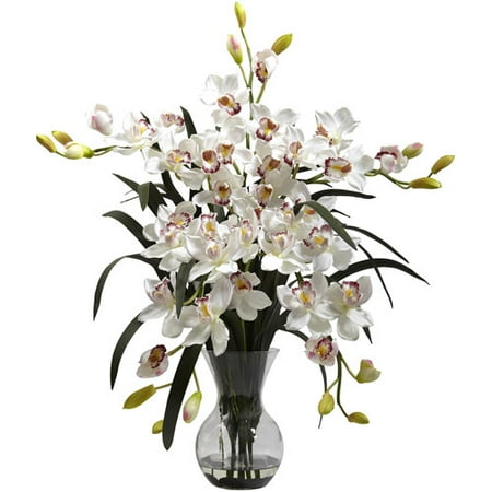 Potted Cymbidium - Nearly Natural Large Cymbidium with Vase Arrangement, White
