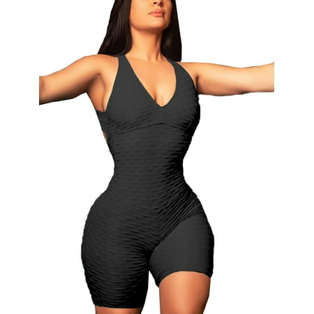 

Listenwind Women Backless Workout Yoga Jumpsuit Butt Lift Textured Bodysuit Bandage Romper Playsuit