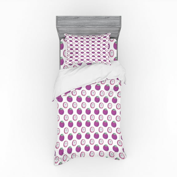 Fruit Duvet Cover Set, Exotic Mangosteen Pattern Watercolor Drawing Halved and Whole Design, Bedding Set with Shams and Fitted Sheet, 3 Sizes, by Ambesonne