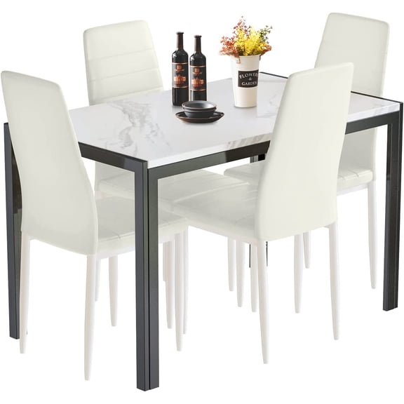 baxluxe Modern Rectangular Marble Look Dining Table with 4 Upholstered Chairs, 5-Piece Kitchen Dining Set for 4 People