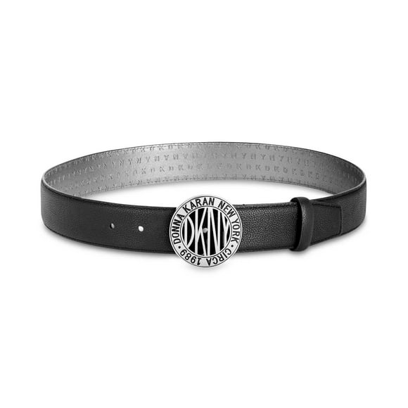 DKNY Women’s Subway Token Logo-Buckle Belt, Black/Silver, Medium