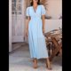 thumbnail image 5 of Vestido Midi Informal de Verano para Mujer, con Mangas Abullonadas, Escote en V, Fruncido, Botones Al Frente, Abertura, Estilo Bohemio, 2025 Azul XL, 5 of 10