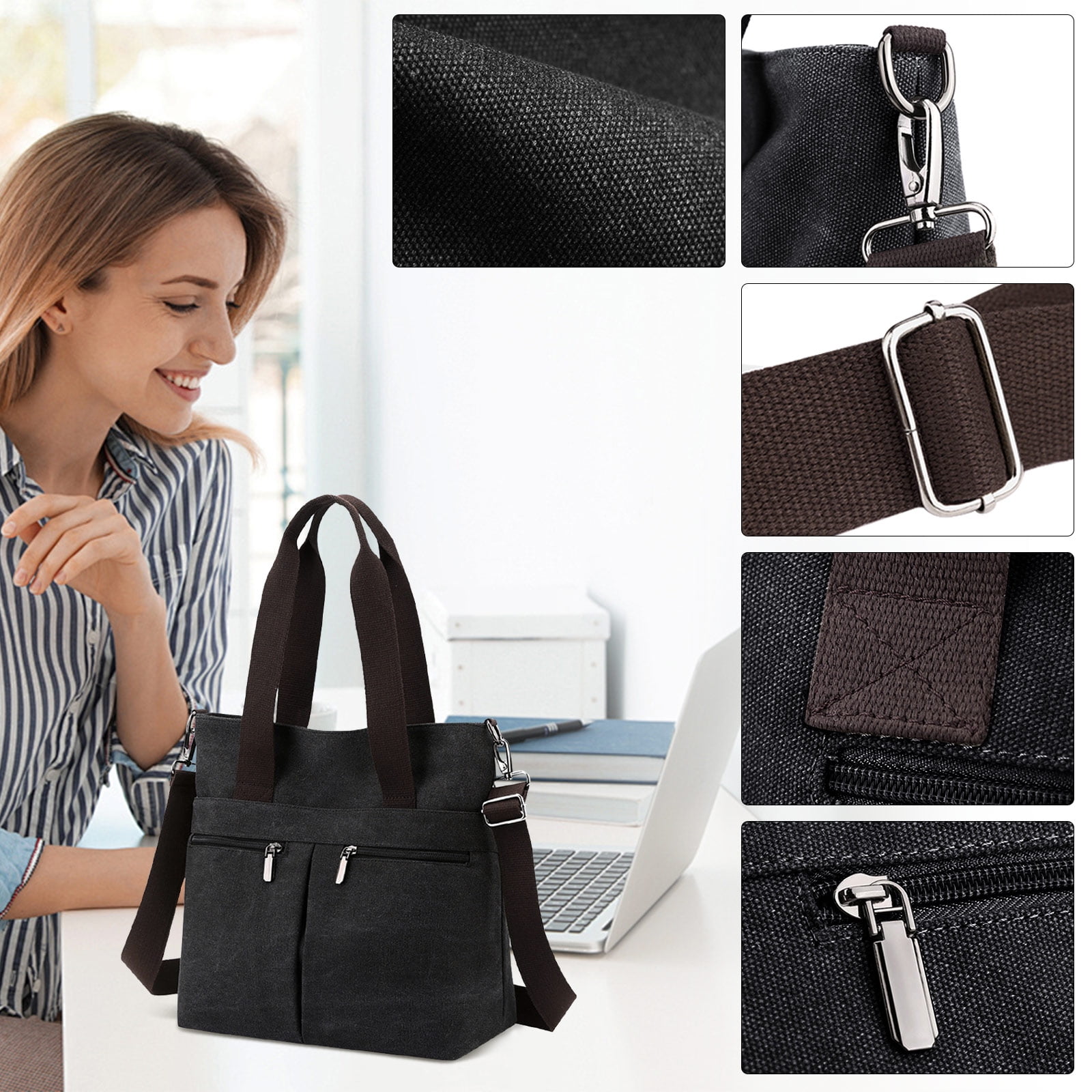 URSOFINE Women's Handbag Canvas Tote Bag Stylish Ladies Purse Lightweight Crossbody with Multi-Pocket & Adjustable Strap Durable Hobo Bags for Work Travel College Shopping Commuting Everyday Use