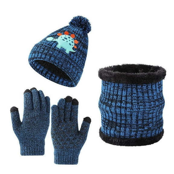 Xfvqtps Child 3 PCS Beanie Scarf Glove Set Dinosaur Pattern Plush Pompom Knitted Plush Lining Thickened Windproof Coldproof Warm Winter Hat Scarf Glove Set for 1-6 Years Blue