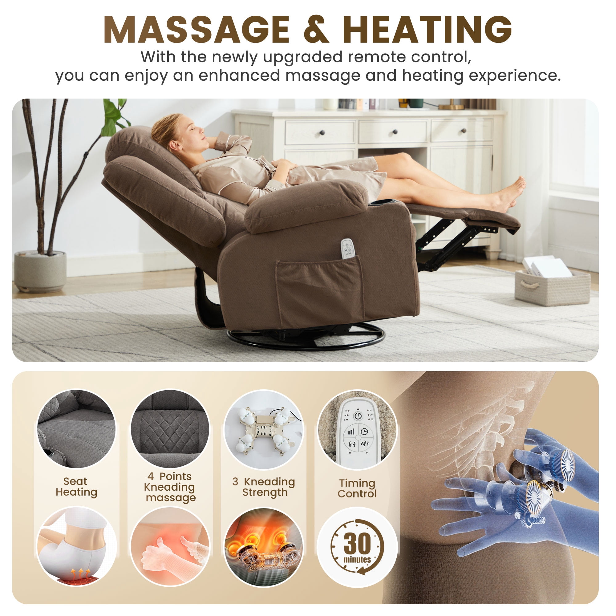 JONPONY Kneading Massage Rocker Recliner Chair with 4-Point 3D Kneading Massage and Heat Ergonomic Lounge Chair for Living Room with Rocking Function and 2 Cup Holders, USB Charge Port,Brown
