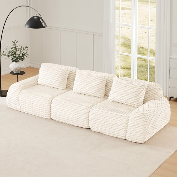 3-Seater Modular Sectional Sofa, Holaki 114" Oversized Deep Seat Couch with Buckle Connection & Anti-Slip Base, Modern Flannelette Fabric Boneless Sofa for Living Room, No-Assembly, White