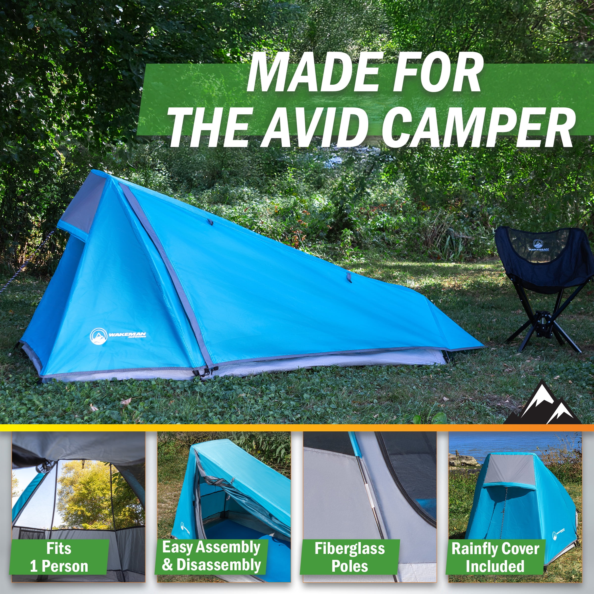 Wakeman Outdoors Single Person Tent - Ultralight 1 Person Camping Tent with Rainfly and Bag, Blue