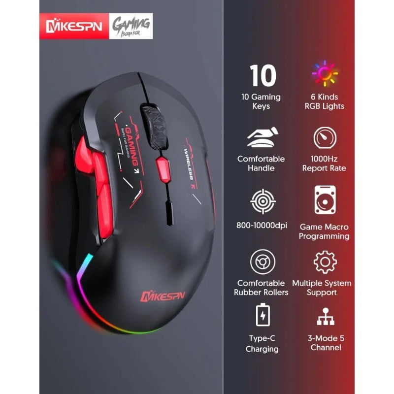 MKESPN W12 10-button Macro Gaming Mouse Both Hand Wireless Bluetooth Multi-channel Tri-mode Large RGB Ergonomic Ambidextrous