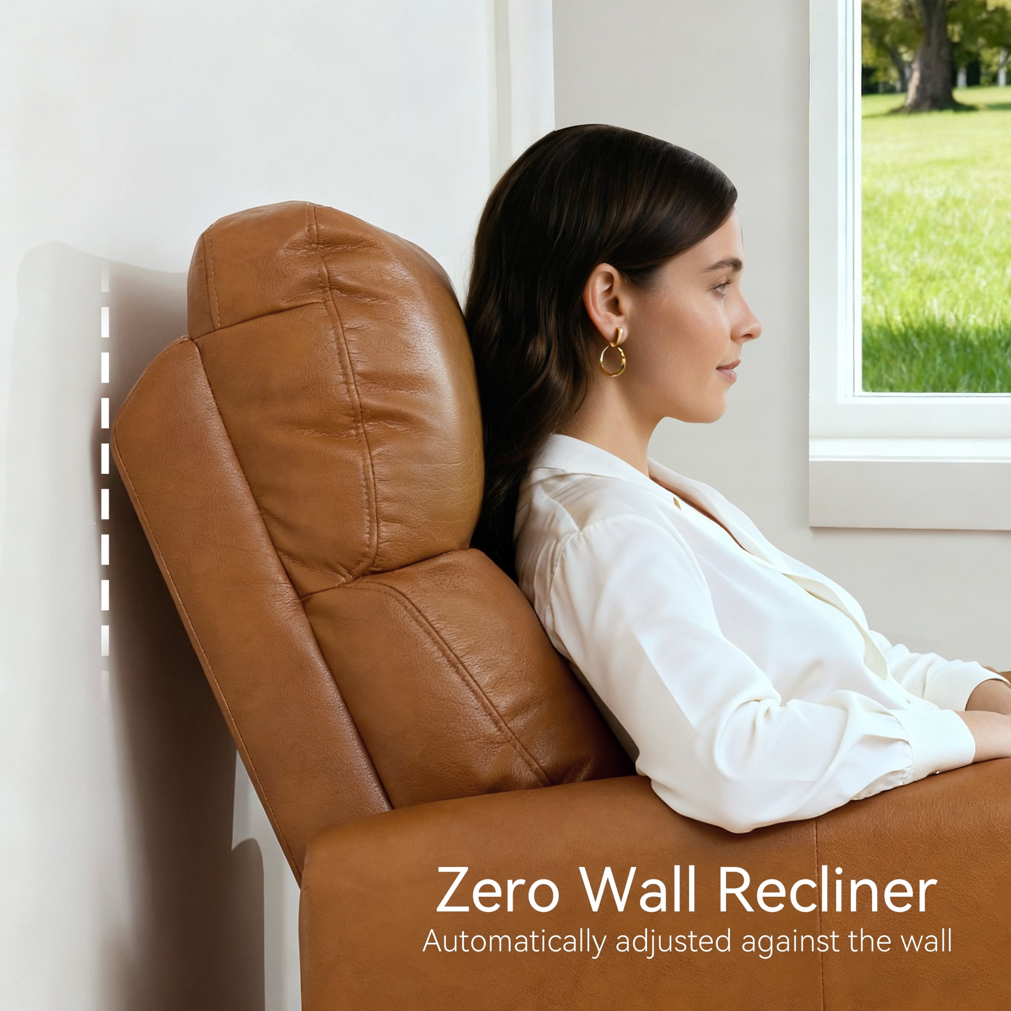 MCombo Zero Wall Hugger Power Recliner Chair for Small Spaces, FSC Certified, Faux Leather, Cognac Brown