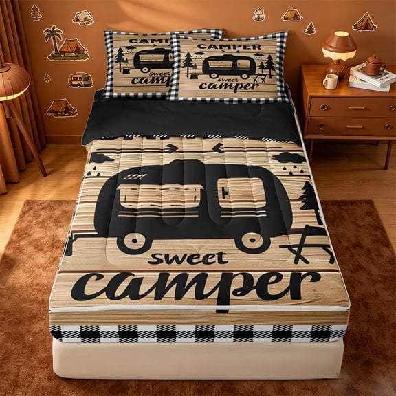 catabedysis Plaid Camping Zipper Twin Comforter Sets with Fitted Sheet and 2 Pillowcases,Sweet Camper Print Zipper Bedding Set For Boys,Multicolor,Black Reversible,4 Pieces