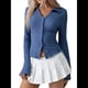 thumbnail image 3 of Blusa Informal de Larga Acampanada con Botones y Cuello Lechuga para Mujer. Blusa de Trabajo. Azul Pavo Real S, 3 of 10