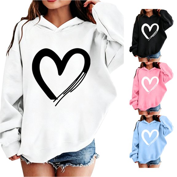 Vividxx Hoodies For Girls Fashionable Heart Print Hooded Sweatshirts Casual Long Sleeve Hooded Pullover Autumn Outerwear For Kids Trendy Fashion 8-9 Years