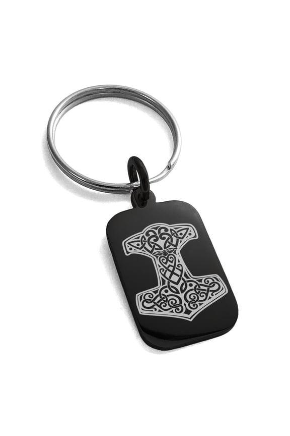 Stainless Steel Thor's Hammer Mjolnir Knot Viking Norse Engraved Small Rectangle Dog Tag Charm Keychain Keyring