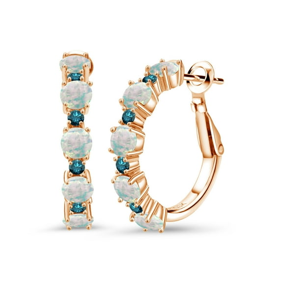 Gem Stone King 18K Rose Gold Plated Silver White Simulated Opal and Blue Diamond Hoop Earrings for Women (2.76 Cttw, Round 4MM and 1.9MM, Gemstone Birthstone 1 inch Diameter)