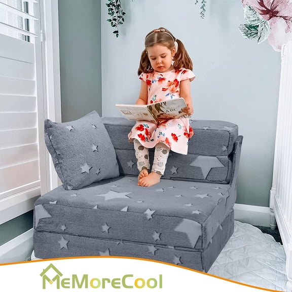 Kids Tri-Fold Sofa Bed – Glow Star Floor Mattress & Foldable Futon Chair Convertible Toddler Couch| Soft Plush Lounge Mat| Playroom Furniture| Includes Pillow