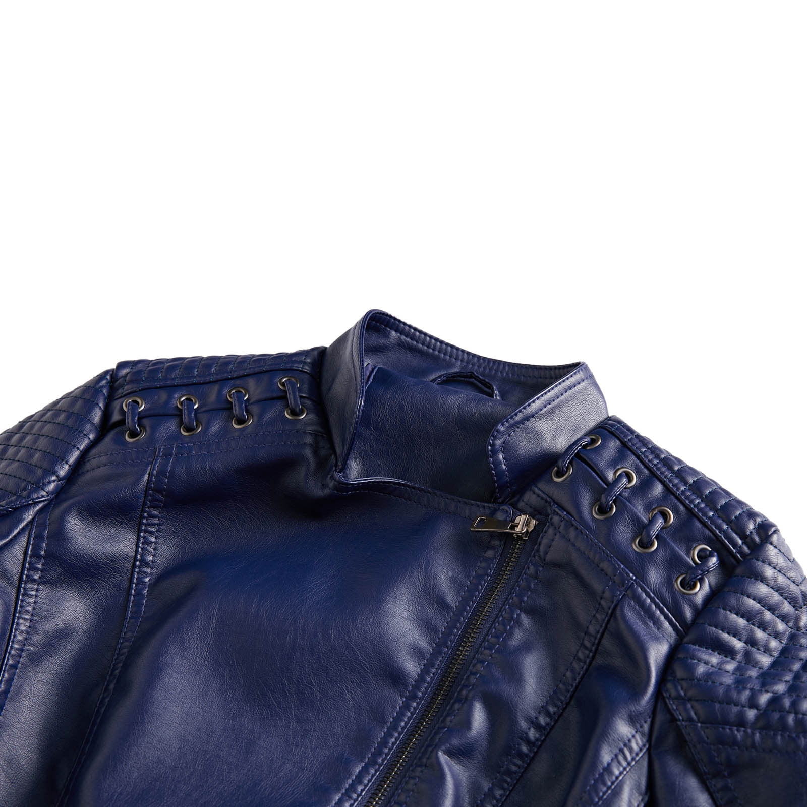 QATAINLAV Women's Faux Leather Moto Jacket Casual Short Solid Color Biker Coat Ladies Zip Up Open Front Lapel Motorcycle Outwear with Pockets Navy XL