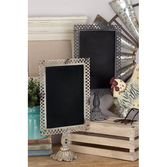 DecMode Set of 2 farmhouse 20 x 10 inch iron and black wood trellis design chalkboards with stand