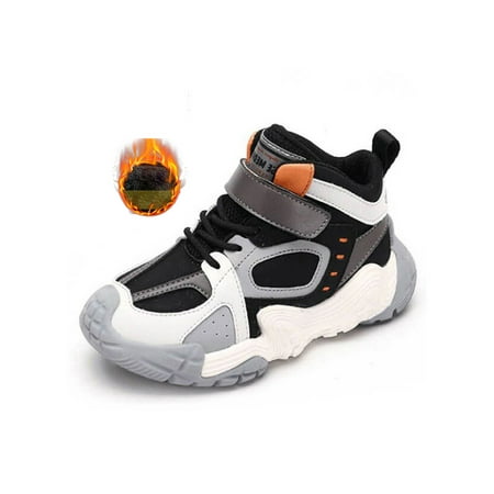 

Avamo Unisex Kids Sneaker Round Toe Sneakers Plush Lined Running Shoes School Winter Shoe Hiking Keep Warm Hook And Loop Black with Plush 5.5Y