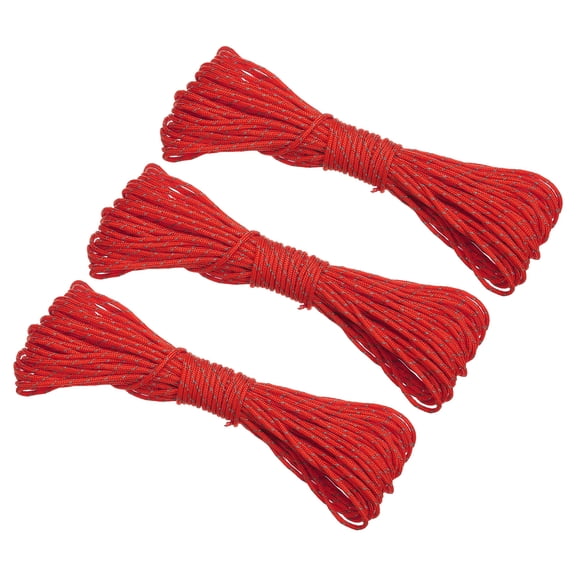 65 Feet Reflective Guyline Camping Paracord 2mm , 3 Pack Nylon Tent Cord Guyline Rope Bright Red