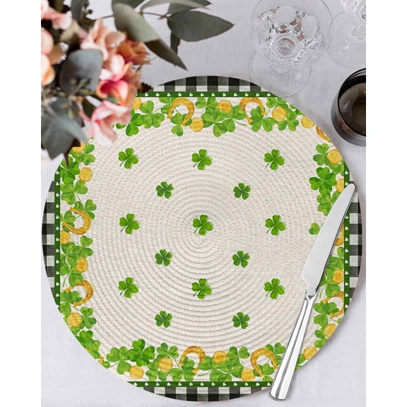 13 Inch Round Placemats Set of 4, St. Patrick's Day Non Slip Heat Insulation PP Table Mats, Spring Green Irish Lucky Clovers Plaid Washable Place Mats for Kitchen Dining Party Table Decor